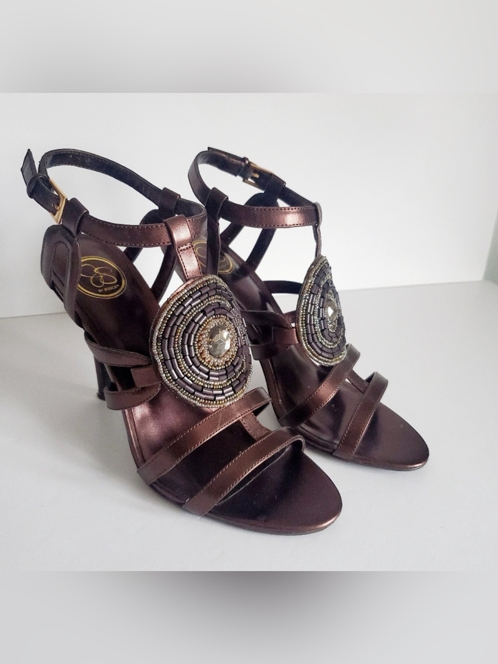 JESSICA SIMPSON Brown Matte Metallic Stilettos Strappy Beaded Medallion LIKE NEW
